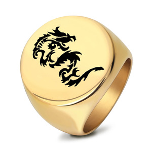 Bague pour homme en or avec motif de dragon, 22 mm, ronde, gravée au laser, bijoux de mode, cadeau - Product Image 1