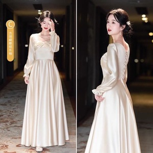 Bridesmaid Dresses Long Sleeve Satin Sweetheart Neckline Natural Waist Daily Wear Simple Style 2025 Autumn Winter - Product Image 4