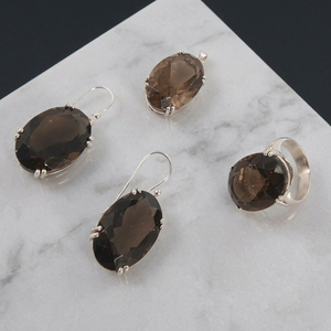 925artpalace Ensemble de bijoux élégants en argent 925 avec quartz fumé et pierres précieuses ovales, design élégant - Product Image 1