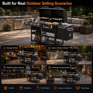 Parrilla de Carbón y Gas de Cuatro Quemadores de Hierro Fundido para Acampar al Aire Libre, Parrilla para Barbacoa con Ahumador Lateral con Acabado Revestido para Reuniones Familiares - Product Image 2