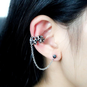 yunnique Skeleton Skull <b>Cuff</b> <b>Earrings</b> Titanium Steel Black Diamond Chain Ear Studs Fashion Jewelry - Product Image 1