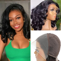 Perruques Lace Front Courtes Bob Ondulées en Dentelle Transparente Cheveux Vierges Noir Naturel avec Baby Hair 13x4 100% Remy Brésiliens Densité 200%