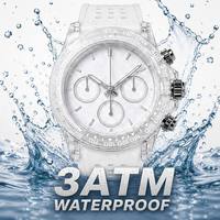 Jam Tangan Kronograf Dial Kaca Mewah Logo Kustom Langsung dari Pabrik, Dial Putih Tali Karet, Pria Sport Quartz