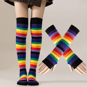 Chaussettes hautes rayées arc-en-ciel pour Halloween, Noël, fête, cosplay, au-dessus du genou, pour performance, ensemble <span class=keywords><strong>de</strong></span> manchons chauffe-bras pour femme - Product Image 3