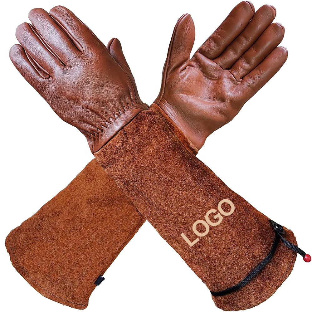 Gants de travail en cuir de vachette à manches longues résistants à la perforation pour le soudage de bâtiments en rose avec logo personnalisé