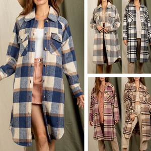 Vente en gros de manteaux d'hiver décontractés <span class=keywords><strong>Trench</strong></span> Coat boutonné à revers longue poche à épaules tombantes manteaux pour femmes à carreaux - Product Image 2