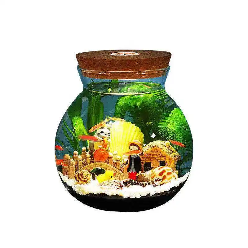 Aquarium à poissons en verre, aquarium rond miniature paysage aquarium betta fish bureau à domicile