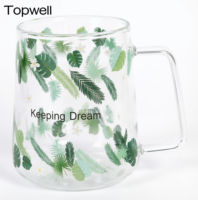 Tasse à café en verre à double paroi TOPWELL 330 ml, design moderne, résistante à la chaleur, motif feuille transparent, fabriquée en Chine