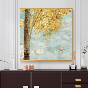 Tranh Tường Trừu Tượng Tranh Sơn Dầu Thủ Công Với Lá Vàng Lá Cây Trên Vải Treo Tường Cho Khách Sạn - Product Image 4