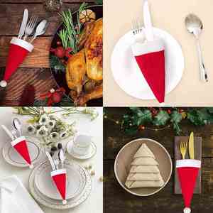 Décoration de table de fête, porte-couverts, housse pour bouteille de vin, chapeaux de Père Noël, sacs à vaisselle, mini pochette chapeau de Noël - Product Image 3