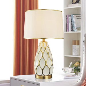 Luxury Modern Ceramic LED Table Lamp Gold Lattice White Base Fabric Shade Reading Desk Light Bedroom Bedside Hotel Living Room - Product Image 3