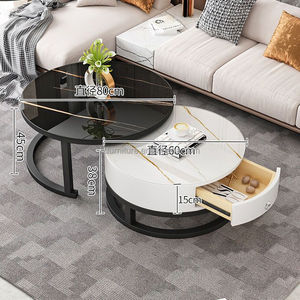 Minimalist Nesting Coffee <b>Tables</b> Marble Stone Look Top Black Frame Hotel Lobby Round Center <b>Table</b> <b>Side</b> <b>Table</b> with Drawer <b>Storage</b> - Product Image 4