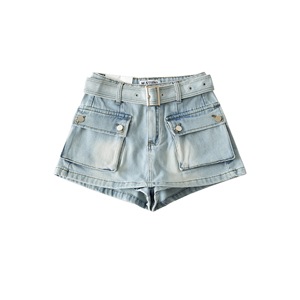 Jupe-culotte en jean élastique lavée et polyvalente, coupe trapèze à jambe large, style américain rétro avec grandes poches - Product Image 3