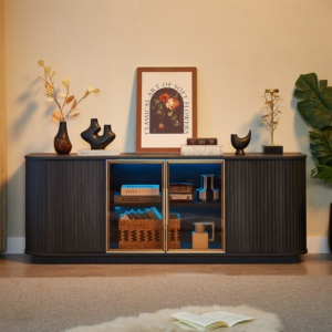 Luxury Solid Wood Round <b>Sideboard</b> with Vertical Stripe Design Modern Storage Cabinet for Living Room - Product Image 3