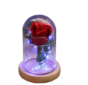 Toptan yapay gül çiçek ahşap taban-Ahşap taban LED yapay gül çiçek kubbe masa lambası sevgililer günü için