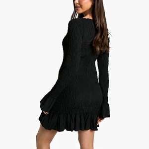 Mini vestidos informales de mujer con dobladillo con volantes de manga solitaria y cuello cuadrado negro liso de alta calidad - Product Image 3