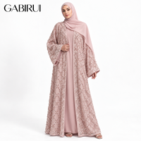 Ensemble 2 pièces pour femmes musulmanes : Kimono de luxe à sequins et pompons, Abaya Dubaï, Robe intérieure en satin, Abaya florale longue avec perles.