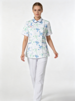 Ensemble d'uniformes infirmiers pour femmes en coton et polyester tissé, à col mandarin et taille cintrée, à motifs floraux, pour hôpital et clinique