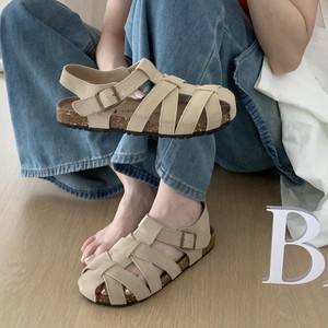 Flat <b>Sandals</b> <b>Women</b> Open Toe Strappy Buckle Design Faux Suede Summer Korean Style Breathable Rubber Outsole - Product Image 4