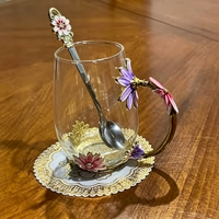 Mug en verre émaillé floral avec cuillère assortie, tasse à café ou à thé décorative, cadeau idéal pour un anniversaire, la fête des mères, la Saint-Valentin