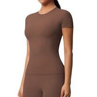 Kaos Olahraga Wanita Lengan Pendek Ketat Model Fitted Double Brushed Warna Solid Bahan Bernapas Cepat Kering untuk Lari Fitness Yoga Gym
