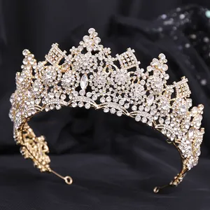 도매 유럽 금속 라인 석 크라운 럭셔리 다이아몬드 대형 웨딩 티아라 신부를 위해 완전히 뚫린 크라운 헤드 피스 왕관