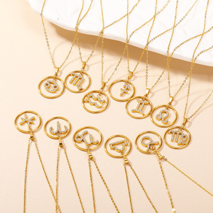 Venta al por mayor 18K chapado en oro de acero inoxidable cadena de eslabones collar signo del zodiaco encanto colgante joyería suministros - Product Image 1