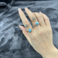 925 Sterling Silver Plaqué Or Rétro Géométrique Cz Zircon Shell Perle Créé Vintage Turquoise Ovale Anneau