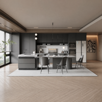 Ensemble d'armoires de cuisine modernes, armoires de cuisine modulaires sans poignées avec îlot central, plan de travail aspect marbre pour maison et appartement