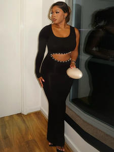 F1825 - Abito lungo da sera elegante da donna, monospalla, nero, con perline e cut-out, modello bodycon - Product Image 4