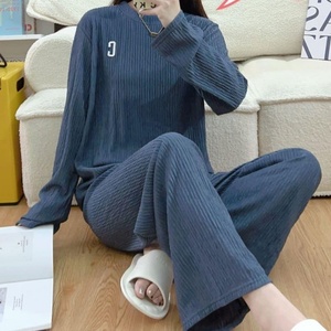 Conjunto de Pantalones Anchos Rectos y Top de Manga Larga con Bordado Arrugado Personalizado, Pijama Casual de 2 Piezas para <span class=keywords><strong>Mujer</strong></span>, Ropa de Dormir y de Estar en Casa - Product Image 4