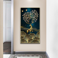Peinture Murale Décorative en Verre Artistique Cerf Doré et Arbre Doré au Design Moderne, Tableau de Luxe en Porcelaine Cristalline pour la Maison