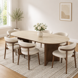 Set Tavolo da Pranzo Ovale <span class=keywords><strong>in</strong></span> Legno Massello e Sedie Stile Mid-Century Moderno di Lusso, Design <span class=keywords><strong>in</strong></span> Travertino, 4-6 Posti, Assemblato - Product Image 4