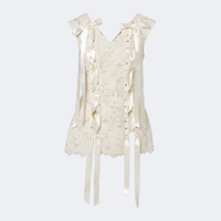 Chemisier Vintage Sans Manches en Dentelle Col V avec Nœud en Ruban de Satin et Lacets Style Corset, Romantique Bohème en Dentelle Florale Ivoire Coupe Slim