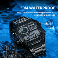 Montres-bracelets numériques électroniques pour hommes en acier inoxydable avec chronographe et alarme, affichage LCD, vente en gros