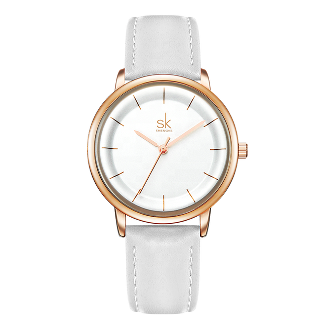 SHENGKE Womens Watches Luxury Leather Band Ladies Quartz Watch for Girls Simple Watches Gold/Black Color New Arrival