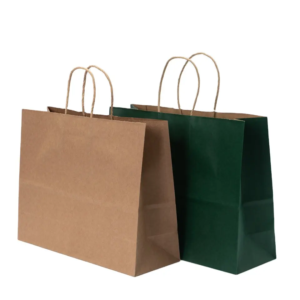 Borsa di carta personalizzata marrone di lusso verde con manico In carta Kraft Multi dimensioni In Stock abbigliamento regalo per Shopping Plain Bag