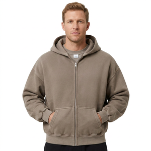 Sweat à capuche gris foncé style délavé à l'acide, coupe ample unisexe, en coton épais, avec fermeture éclair métallique, pour streetwear hivernal, vente en gros - Product Image 1