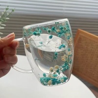 Tasse à café en verre borosilicate transparent personnalisée avec paille, ensemble de tasses à double paroi en verre avec fleurs séchées