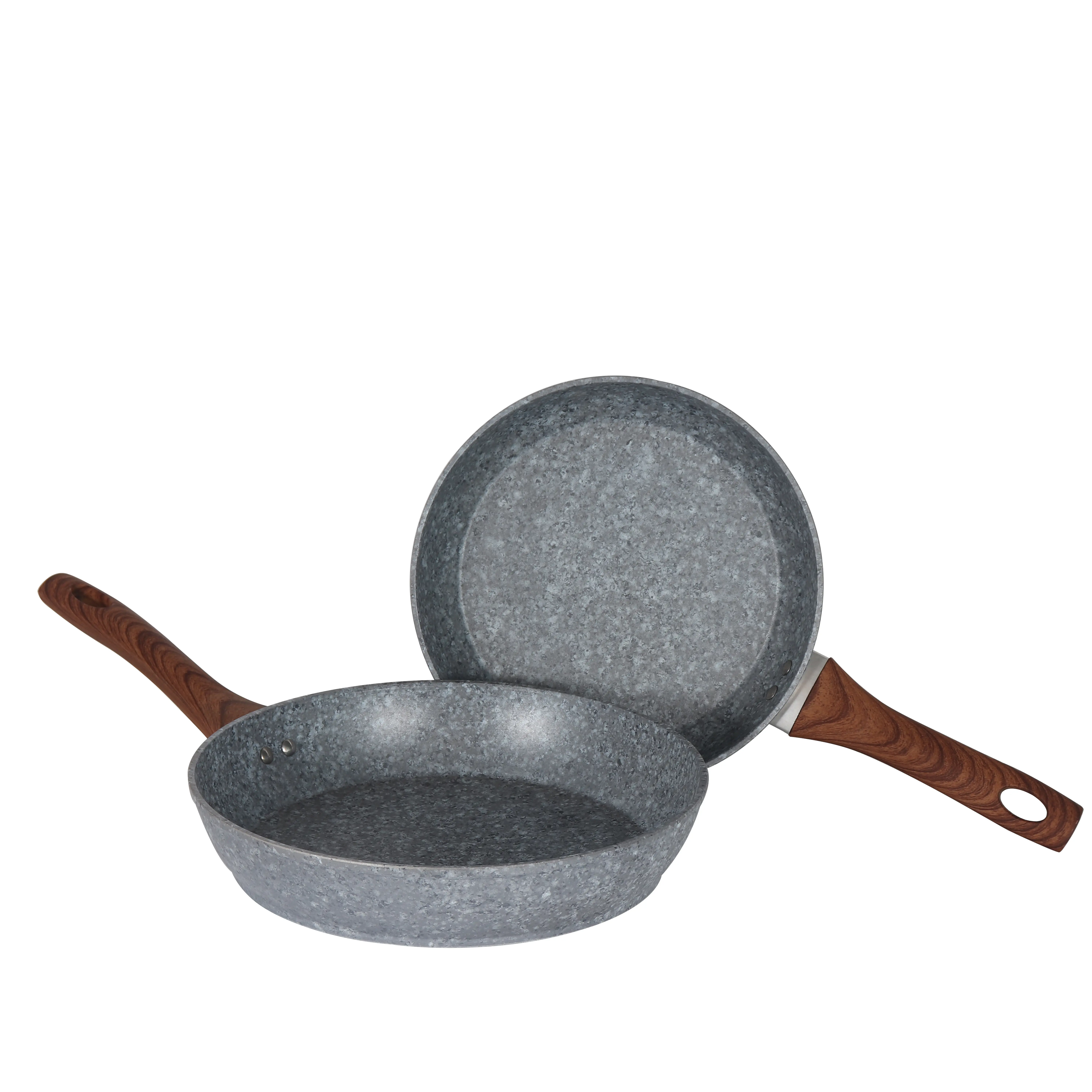 Poêle à frire ronde revêtue en marbre, gris, avec manche en bois