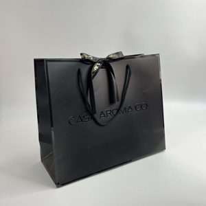 Wholesale High Quality Black Paper Bags with UV Spot Border & Embossed Logo with Ribbon Bow - Premium Shopping Bags - Product Image 5