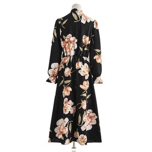 Floral Printing <strong>Beautiful</strong> Dress Bow Stand Collar Breathable Long Dress Modest Robe Muslim Women Dubai <strong>Abaya</strong> - Product Image 2