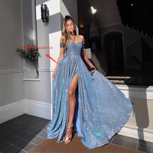 Vestido de noche azul brillante con hombros descubiertos, escote corazón, abertura alta, cintura imperio, largo, para fiesta de graduación - Product Image 3