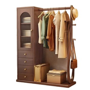 Perchero de madera maciza con cajones de almacenamiento y barra para colgar ropa, para organizar la ropa del dormitorio, acabado en nogal - Product Image 5