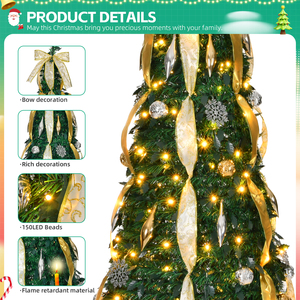 6FT trang trí đầy đủ pull-up Cây giáng sinh có thể gập lại ráp Xmas cây với đồ trang trí, Ruy Băng Vàng, bông tuyết, dễ dàng lắp ráp - Product Image 3