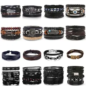 Vintage Heren Gevlochten Wikkel Lederen Armbanden Gothic Punk Yin Yang Infinity Feather Hout Kralen Etnische Tribale Polsbandjes Mannelijk Geschenk