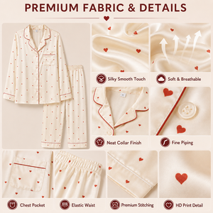 Ensemble de pyjama pour femmes, ensemble de pyjama en mousseline de soie, imprimé cœur mignon, chemise à manches longues boutonnée avec pantalon long pour la Saint-Valentin - Product Image 5