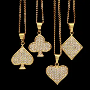 Playing Poker Cards Suit Necklaces Spade Heart Diamond Club Hiphop Pendants Bling Iced Out Stainless Steel Fashion Jewelry