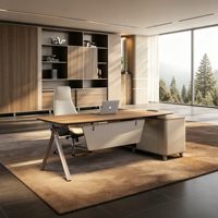 Escritorio Ejecutivo de Lujo para CEO, Muebles de Oficina de Madera y Cuero con Archivador y Librero