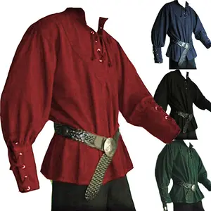 Men Medieval Renaissance Grooms Pirate Reenactment Larp Costume Lacing Up Shirt Top Middle Age Clothing For Adult 3XL